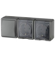 Блок две розетки+выключатель 11-7403-03 IP54, 16АХ(10AX)-250В, ОУ, Эксперт, Серый (5) Б0027674  ЭРА