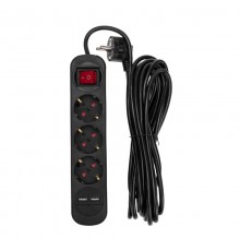 Удлинитель STANDARD 3 гнезда, 5м, 3х1,0мм, с/з, с выключателем, 2 USB, черный  13-4023  REXANT