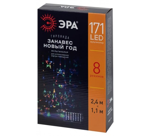 Гирлянда занавес ЕGNIG - NY Новый год, мультиколор, 2,4 м* 1,1 м, 220 V, 8 реж, длина провода 3м, 171 LED, IP20  Б0055998  ЭРА