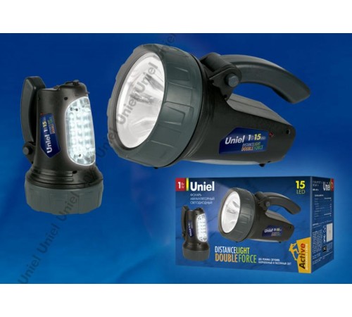 Фонарь прожекторный S-SL017-BA Black Стандарт "Distance lightDouble force". пласт 1W LED + 15 LED, 3,7V, 1000mAh Lithium.ной короб.  06649  Uniel
