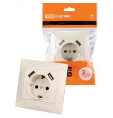 Розетка 2П+З 16А 250В + 2 USB порта 2,1А 5В сл.кость "Лама"  SQ1815-0142  TDM