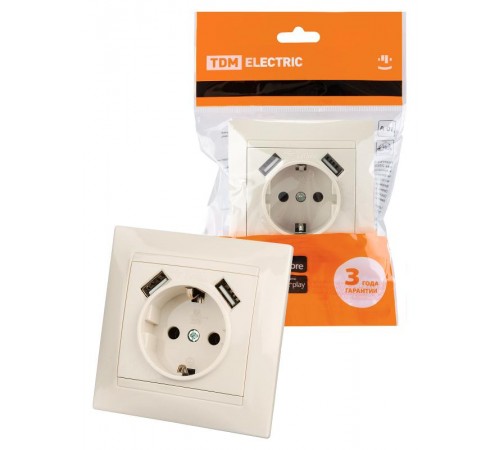 Розетка 2П+З 16А 250В + 2 USB порта 2,1А 5В сл.кость "Лама"  SQ1815-0142  TDM