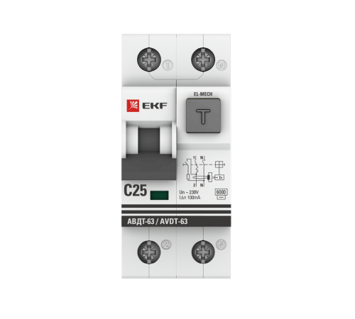 Выключатель автоматический дифференциальный АВДТ-63 25А/100мА (характеристика C, электромеханический, тип AС) 6кА PROxima  DA63-25-100em-AC  EKF (за