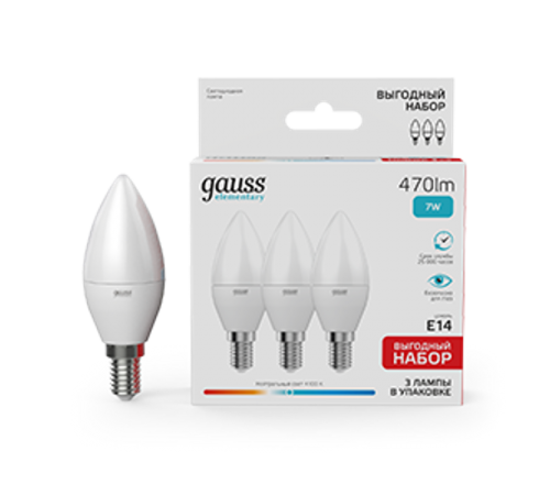 Лампа светодиодная LED 7Вт E14 220В 4100К Elementary свеча (3 лампы в упаковке)  33127T  Gauss