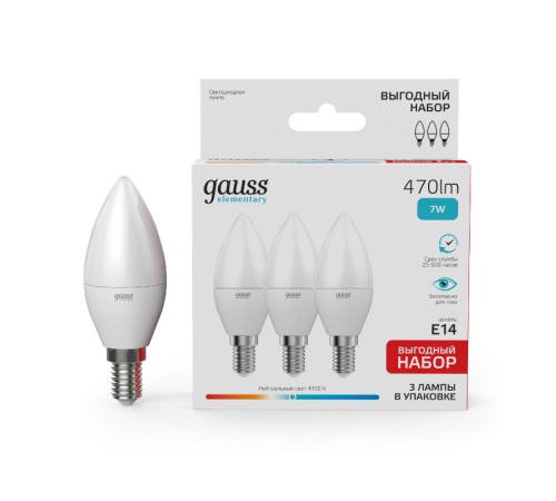 Лампа светодиодная LED 7Вт E14 220В 4100К Elementary свеча (3 лампы в упаковке)  33127T  Gauss