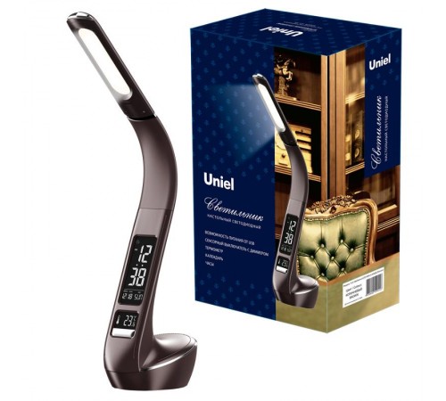 Светильник настольный TLD-566 Brown/LED/300Lm/4500K/Dimmer c часами календарем Т 6W сенсор корич (стилизован под кожу) TM  UL-00006769  Uniel