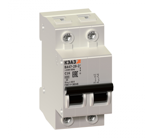 Выключатель автоматический двухполюсный ВА47-29 16А C 4,5кА (ВА47-29-2C16-УХЛ3)  141594  КЭАЗ