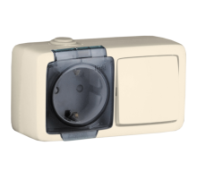БА16-221-01 Блок открытой установки, брызгозащищенный , розетка с заземляющим контактом и шторками+одноклавишный выключатель,  слоновая кость  БА16-2
