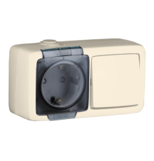 БА16-221-01 Блок открытой установки, брызгозащищенный , розетка с заземляющим контактом и шторками+одноклавишный выключатель,  слоновая кость  БА16-2