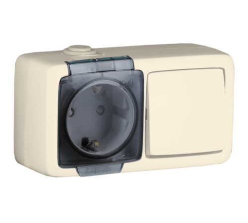 БА16-221-01 Блок открытой установки, брызгозащищенный , розетка с заземляющим контактом и шторками+одноклавишный выключатель,  слоновая кость  БА16-2