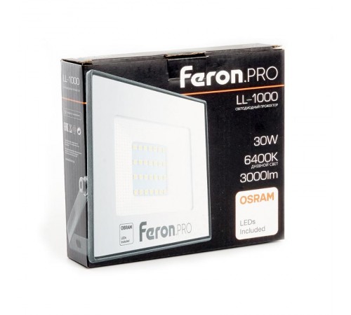 Прожектор светодиодный 30W 6400K IP65 AC175-265V/50Hz, черный, LL-1000  41539  FERON
