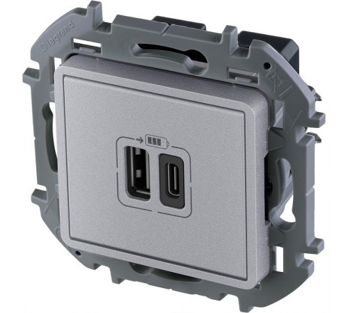 Inspiria Алюминий Устройство зарядное 2 местное с USB-разьемами A-C 240В/5В 3000мА С/У без рамки  673762  Legrand