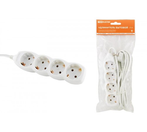 Удлинитель бытовой  У04  4 гнезда, 5метров, с заземлением, ПВС 3х1мм2  16А/250В   SQ1303-0012  TDM