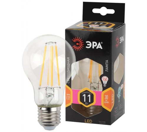 Лампа светодиодная F-LED A60-11W-827-E27 (филамент, груша, 11Вт, тепл, Е27)  Б0035025  ЭРА