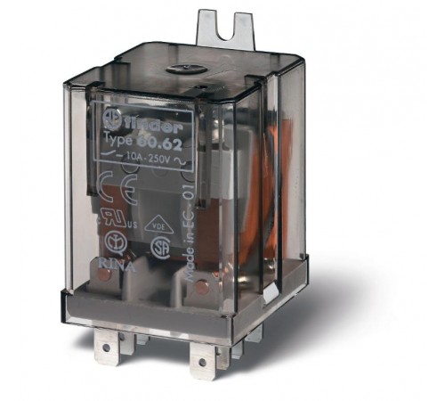 Универсальное электромеханическое реле; монтаж в наконечники Faston 187 (4.8х0.8мм); 2CO 10A; контакты AgNi; катушка 6В AC  606280060000  Finder