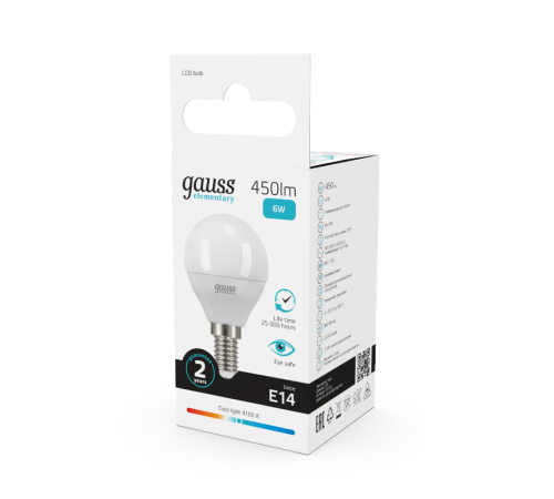 Лампа светодиодная LED 6Вт E14 220В 4100К Elementary шар  53126  Gauss