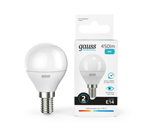 Лампа светодиодная LED 6Вт E14 220В 4100К Elementary шар  53126  Gauss