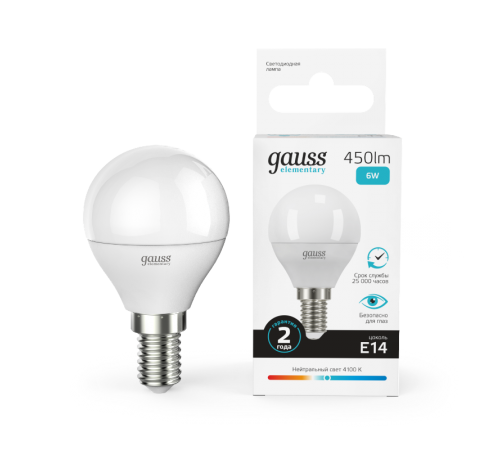 Лампа светодиодная LED 6Вт E14 220В 4100К Elementary шар  53126  Gauss