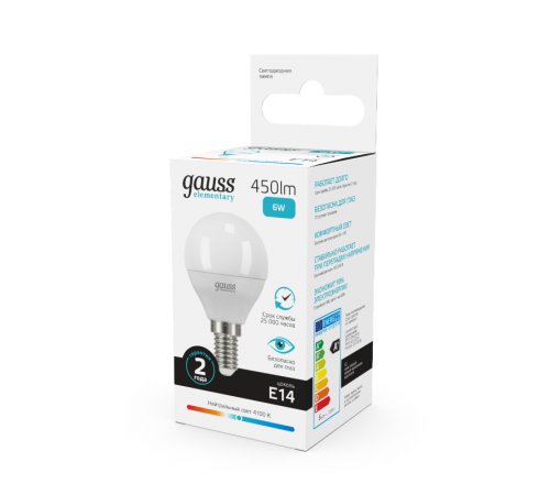 Лампа светодиодная LED 6Вт E14 220В 4100К Elementary шар  53126  Gauss