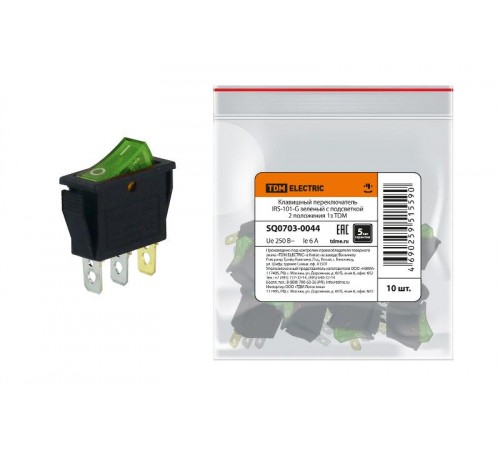 Клавишный переключатель IRS-101-G зеленый с подсветкой 2 положения 1з  SQ0703-0044  TDM