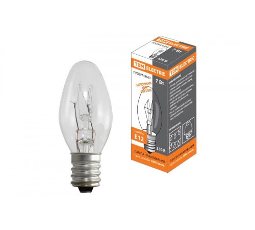 Лампа накаливания "Свеча мини прозрачная" 7 Вт-230 В-50 Гц-Е12,  SQ0332-0054  TDM