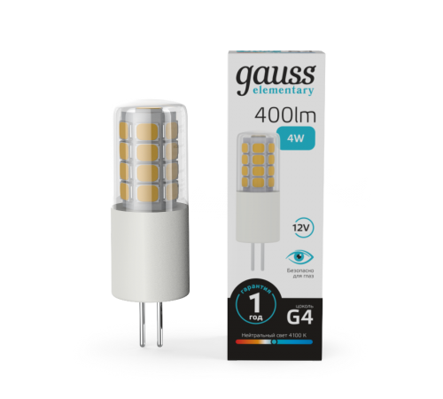 Лампа светодиодная Elementary G4 12V 4W 400lm 4100K керамика LED 1/10/200  10724  Gauss