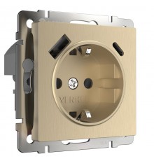 W1171710/ Электроустановочные изделия - Розетка с заземлением, шторками и USB тип A+C (шампань рифленый )  a056276  Werkel