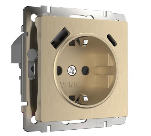 W1171710/ Электроустановочные изделия - Розетка с заземлением, шторками и USB тип A+C (шампань рифленый )  a056276  Werkel