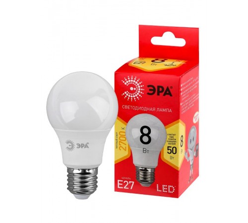 Лампа светодиодная LED A55-8W-827-E27 R ЭРА (диод, груша, 8Вт, тепл, E27) (10/100/2000)  Б0052659  ЭРА