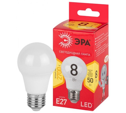 Лампа светодиодная LED A55-8W-827-E27 R ЭРА (диод, груша, 8Вт, тепл, E27) (10/100/2000)  Б0052659  ЭРА