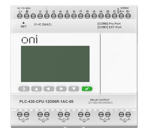 ПЛК 430 Модуль ЦПУ 12 DI 6 RO 220В AC EP с экраном  PLC-430-CPU-12D06R-1AC-00  ONI