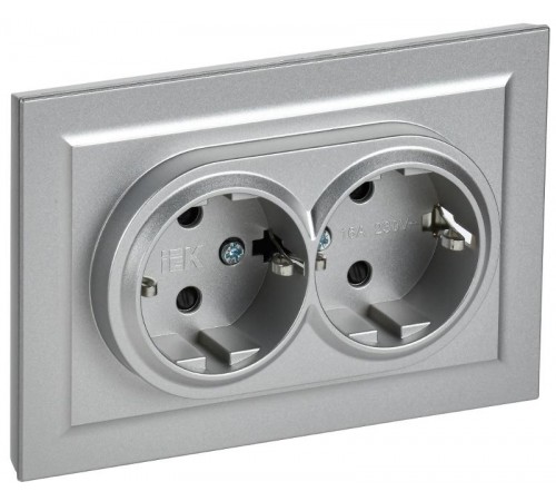 BRITE Розетка 2-ая с заземлением со шторками 16А в сборе РСш12-3-БрА алюминий  BR-R24-16-K47-F  IEK