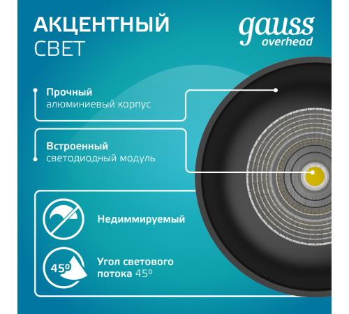 Светильник светодиодный декоративный бытовой HD007 12W (черный) 4100K 79x100мм  HD007  Gauss