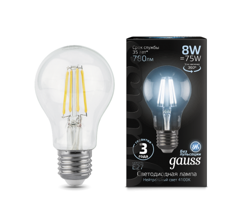 Лампа светодиодная Black LED Filament A60 E27 8W 780lm 4100К  102802208  Gauss