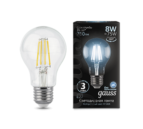 Лампа светодиодная Black LED Filament A60 E27 8W 780lm 4100К  102802208  Gauss