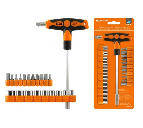 Набор отвертка с Т-образной ручкой с битами и торцевыми головками, №3, 21 предмет "Алмаз"  SQ1019-0203  TDM