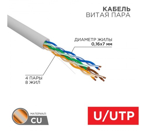 Кабель UTP  4PR  24AWG  CAT5e  305м  STRANDED  01-0044  REXANT