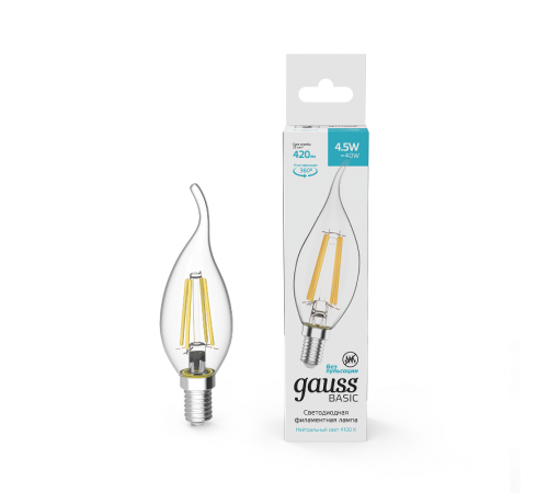 Лампа светодиодная Basic Filament Свеча на ветру 4,5W 420lm 4100К Е14 LED 1/10/50  1041125  Gauss