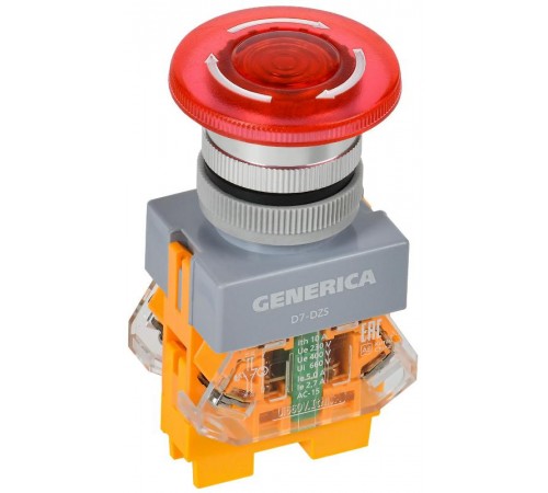 Кнопка D7-DZS "Грибок" d=22мм 1з+1р поворотная с подсветкой и фиксацией красная  BBG50-11DZS-3-11-K04-G  GENERICA