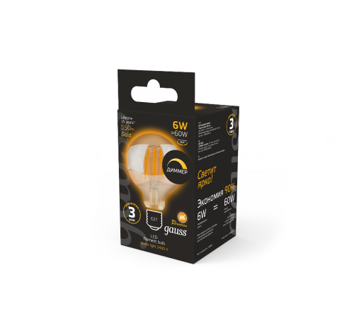 Лампа светодиодная Filament G95 6W 620lm 2400К Е27 golden диммируемая  105802006-D  Gauss