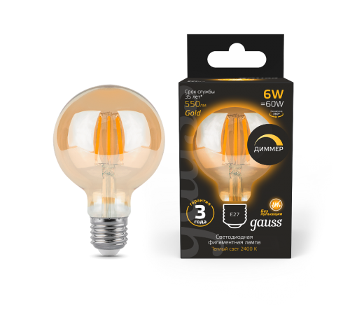 Лампа светодиодная Filament G95 6W 620lm 2400К Е27 golden диммируемая  105802006-D  Gauss