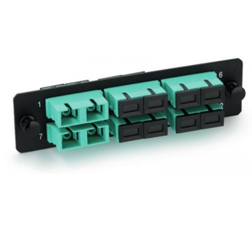 Панель FO-FPM-W120H32-12LC-AQ для FO-19BX с 12 LC адаптерами, 12 волокон, многомод OM3/OM4, 120x32 мм, адаптеры цвета аква (aqua)  47885  Hyperline