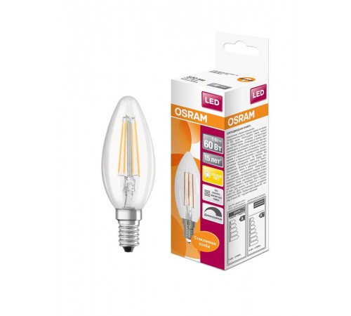 Лампа светодиодная филаментная LED STAR Classic B 5W, прозрачная колба, Е14 LSCLB60D 5W/827 230V FIL E14 10X1RU  4058075230354  Osram