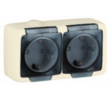 Розетка открытой установки, двухместная, с заземляющим контактом, брызгозащищенная, цвет слоновая кость  РА16-251-01  HEGEL