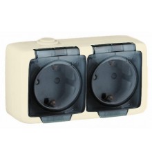 Розетка открытой установки, двухместная, с заземляющим контактом, брызгозащищенная, цвет слоновая кость  РА16-251-01  HEGEL