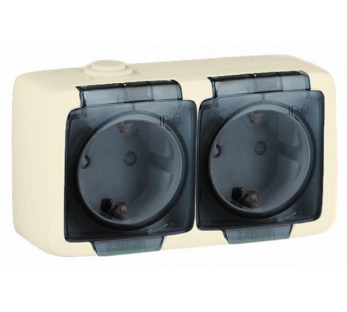 Розетка открытой установки, двухместная, с заземляющим контактом, брызгозащищенная, цвет слоновая кость  РА16-251-01  HEGEL