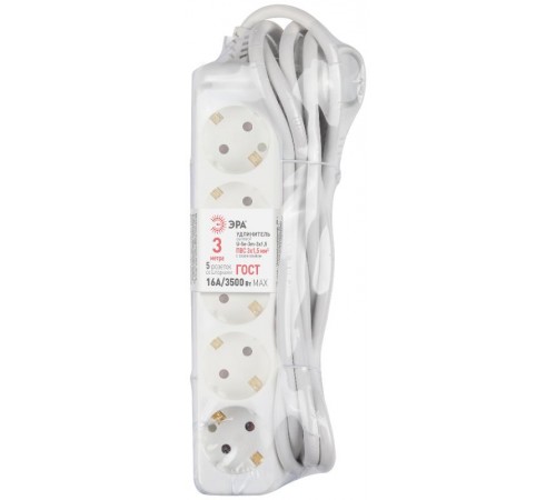 Удлинитель электрический U-5e-3m-3x1,5 с заземлением 5 розеток 3м ПВС 3x1,5мм2 16А  Б0044038  ЭРА