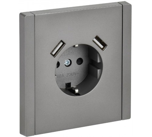 FORTE&PIANO Розетка с заземлением, со шторками в/к 16А USB A+A 3,1А FP545 сталь  FP-R14-16-U21-D31-K46  IEK