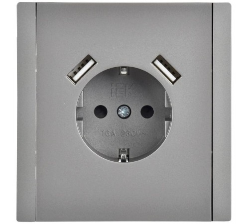 FORTE&PIANO Розетка с заземлением, со шторками в/к 16А USB A+A 3,1А FP545 сталь  FP-R14-16-U21-D31-K46  IEK