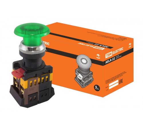 Кнопка AELA-22 "Грибок" зеленый d22мм неон/230В 1з+1р   SQ0704-0014  TDM